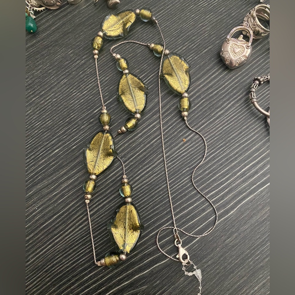 Olive Green Leaf Glass Bead signed 925 Necklace -  Women’s Jewelry